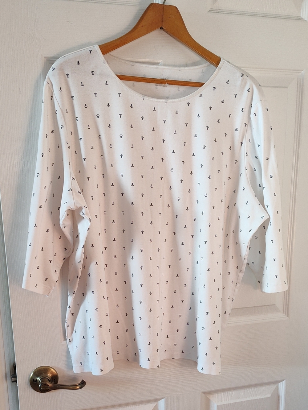 CJ Banks White Long-Sleeve Top with Navy Anchor Print